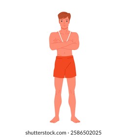 Male lifeguard standing with arms crossed over chest. Brave man athlete in red shorts working in rescue patrol, professional rescuer of summer beach lifesavers station cartoon vector illustration