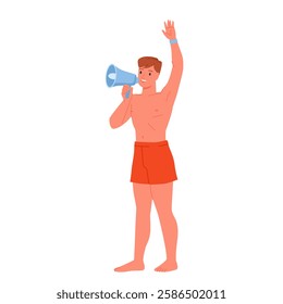 Male lifeguard standing with loudspeaker and waving hand. Man in red shorts speaking loudly into megaphone to people swimming in water, professional swim coach or teacher cartoon vector illustration