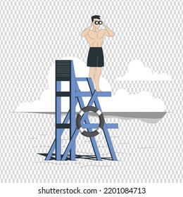 Male lifeguard standing on lookout tower and looking at binoculars, professional rescuer on the beach. lifeguard stations. Vector illustration with silhouette of lifeguard towers