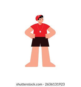 Male lifeguards pose with their chests out and hands on their hips in a confident pose