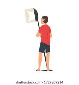 Male Light Technician Holding Professional Equipment, Film Scene or Video Blog Recording Process Cartoon Vector Illustration