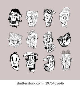 Male linear ink portraits. Black and white vector graphics. It can be used in stores, supermarkets, boutiques, websites, brochures, price tags, newsletters, posters.