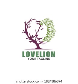 Male lion and female lion design with trees and love concept. Wild Animals. Lion logo or icon. vector illustration.