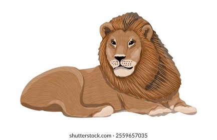 Male lion with fluffy mane lies. Realistic carnivorous animal of Africa