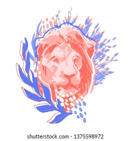 Male lion head decorated with abstract leaves and bushes. Vector graphic illustration drawn in the technique of rough brush.