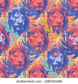 Male lion head decorated with abstract leaves and bushes. Vector graphic seamless pattern drawn in the technique of rough brush.