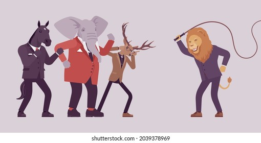 Male lion, large animal with whip to deer, horse, elephant. Punishment, rough business treatment and rude physical handling, bullying, teasing from boss, office management. Vector illustration