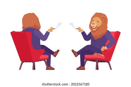 Male Lion, Large Wild Animal Head, Tail Human With Cigar. Strong Dangerous Business Person With Great Physical Power, Courage, Office King. Vector Flat Style Cartoon Illustration, Front And Rear View