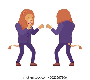 Male lion, large wild animal head, tail human in attack. Strong dangerous business person with great physical power, courage, office king. Vector flat style cartoon illustration, front and rear view