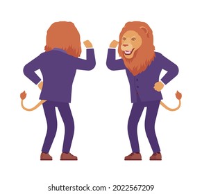 Male Lion, Large Wild Animal Head, Tail Human Shaking Fist. Strong Dangerous Business Person With Great Physical Power, Courage, Office King. Vector Flat Style Cartoon Illustration, Front, Rear View