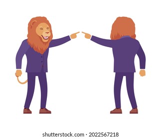 Male lion, large wild animal head and tail human pointing. Strong dangerous business person with great physical power, courage, office king. Vector flat style cartoon illustration, front and rear view