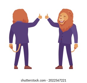 Male lion, large wild animal head, tail human thumb up. Strong dangerous business person with great physical power, courage, office king. Vector flat style cartoon illustration, front and rear view