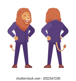 Male lion, large wild animal head and tail human standing. Strong dangerous business person with great physical power, courage, office king. Vector flat style cartoon illustration, front and rear view