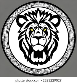 male lion logo yellow and black eyes, long hair, symbol of authority and strength, circle shape