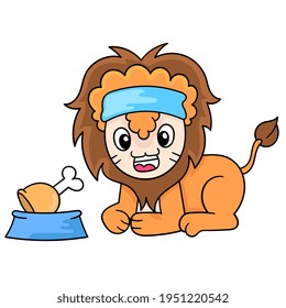 male lion with thick hair, a friendly face, was sitting in front of a meat meal, vector illustration art. doodle icon image kawaii.