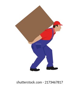 A male loader in overalls carries a heavy box. Drawing vector.