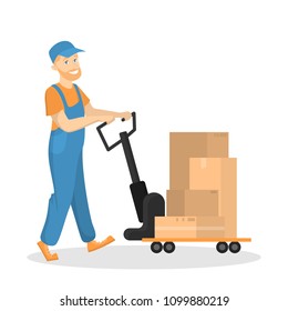 Male loader working with parcels and boxes.