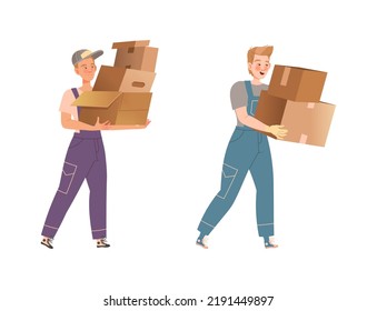 Male loaders carrying heavy goods in cardboard boxes. Moving service and cargo delivery company workers cartoon vector illustration