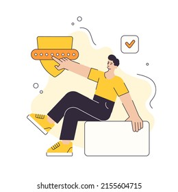 Ingresar macho a una ilustración plana del vector de contraseña de acceso cibernético de protección de datos de seguridad de servicios web. El hombre usa el sitio web de internet escudo red de privacidad virtual conecta el padrón de seguridad cibernética