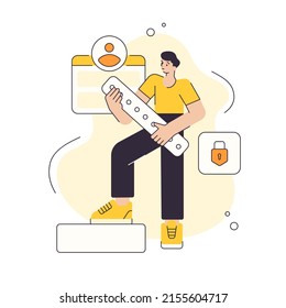 Male log in web site access with cybersecurity password code protective personal data internet connection vector flat illustration. Man online page information software security encryption server