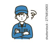 Male logistics worker thinking and considering options with confused expression in uniform and work cap illustration for delivery and shipping