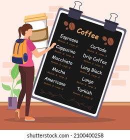 Male is looking at the coffee order menu to order while doing homework. Vector colorful illustration. Coffee.