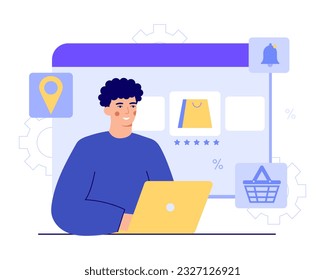 Male looking at laptop screen, make order in store via Internet. Customers buying goods over Internet. Making purchases, choosing goods online. Flat vector illustration in blue colors