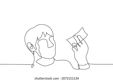 male looking one bill in his hand or at lottery ticket - one line drawing vector. concept of receiving small salary or insufficient earnings, desperate hope for the last chance