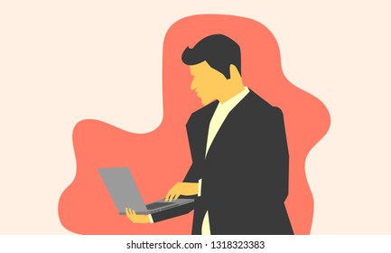 male looking something at labtop on right hand and left select item.vector illustration eps10