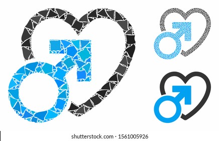Male love composition of ragged elements in various sizes and color tints, based on male love icon. Vector ragged elements are combined into illustration. Male love icons collage with dotted pattern.
