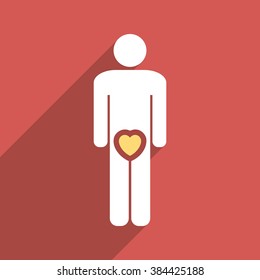 Male Love long shadow vector icon. Style is a flat light symbol on a red square background.