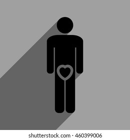 Male Love long shadow vector icon. Style is a flat male love black iconic symbol on a gray square background with longshadow.