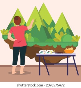 
Male loves camping and watching the green landscape. Vector colorful illustration. All things green. Earth day.