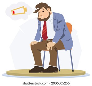 Male low energy and needs charging. Tired businessman on break. Man sat down to rest. ​Illustration concept for mobile website and internet development.