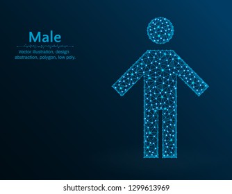 Male low poly vector illustration, man icon on blue background, abstract vector illustration made from points and lines