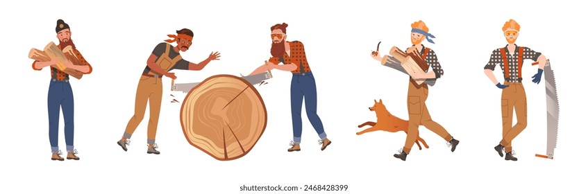 Male Lumberjack Character Chopping Wood Vector Set