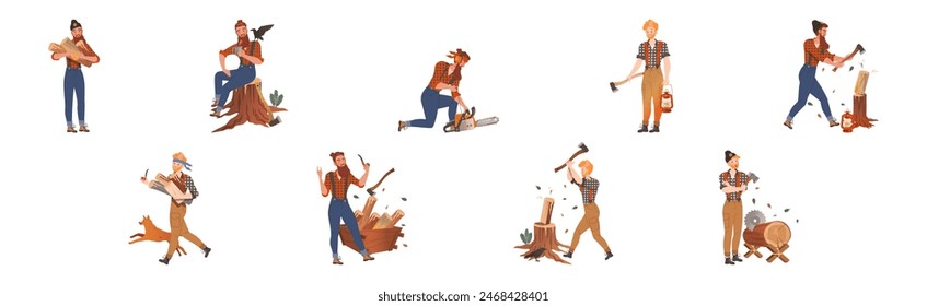 Male Lumberjack Character Chopping Wood Vector Set