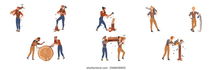 Male Lumberjack Character Chopping Wood Vector Set