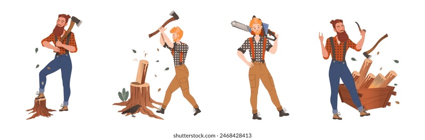 Male Lumberjack Character Chopping Wood Vector Set