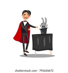 Male magician in black suit and red cape performing his trick rabbit appearing from a magic top hat cartoon vector Illustration