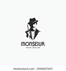 Male magician with mustache holding stick with hat and suit vector logo illustration in vintage style.