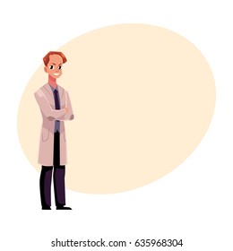 Male, man doctor in white medical coat standing confidently with arms folded, crossed on breast, cartoon vector illustration with space for text. Full length portrait of male, man doctor