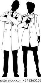 Male man and female woman doctors in silhouette outline