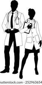 Male man and female woman doctors in silhouette outline