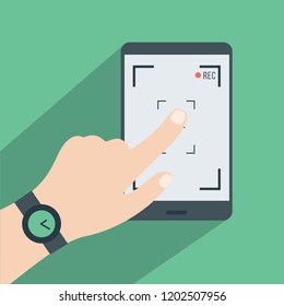 male or man hand vector flat design. technology Watch & simple Finger pointing at the blank video record & camera touch screen tablet computer simple or pad. mobile smart phone cartoon illustration.