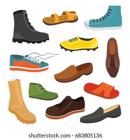 Male man season shoes in flat style. Men boots isolated set vector illustration