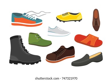 Male man season shoes in flat style. Men boots isolated set vector illustration