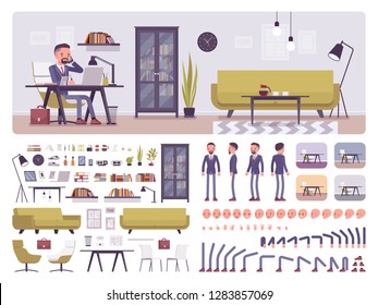 Male manager business office creation kit, full workspace interior, stationery, furniture set, build your own room design. Businessman constructor elements. Cartoon flat style infographic illustration