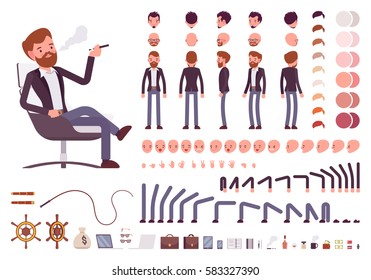 Male manager character creation set. Full length, different views, emotions, gestures, isolated against white background. Build your own design. Vector illustration