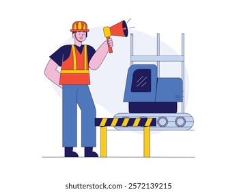 Male manager communicating with a megaphone in a construction industry area. Design character. Vector flat illustration